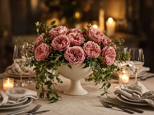 Dusty pink garden roses with trailing greenery in a footed cream bowl on a candlelit table set for two