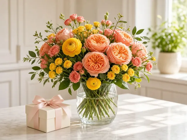 A cheerful birthday bouquet of peach roses and yellow ranunculus in a glass vase beside a small gift box with a blush ribbon