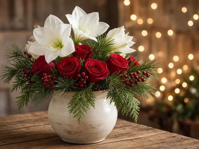 A festive arrangement of red roses, white amaryllis, pine and red berries in a rustic cream vase