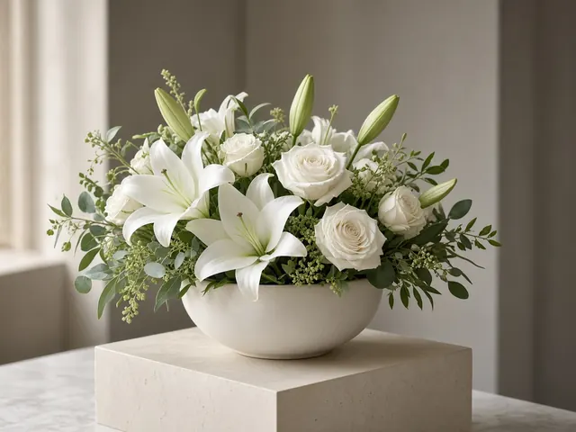 A calm sympathy arrangement of white lilies and white roses with soft green foliage in a low cream bowl
