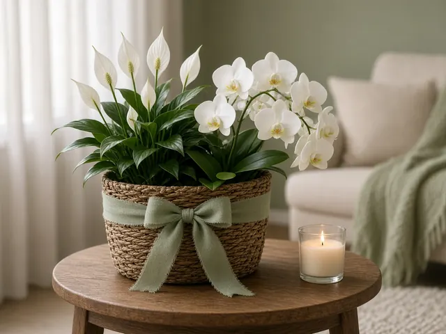 A white peace lily and white orchids in a woven basket with a sage ribbon on a side table beside a lit candle