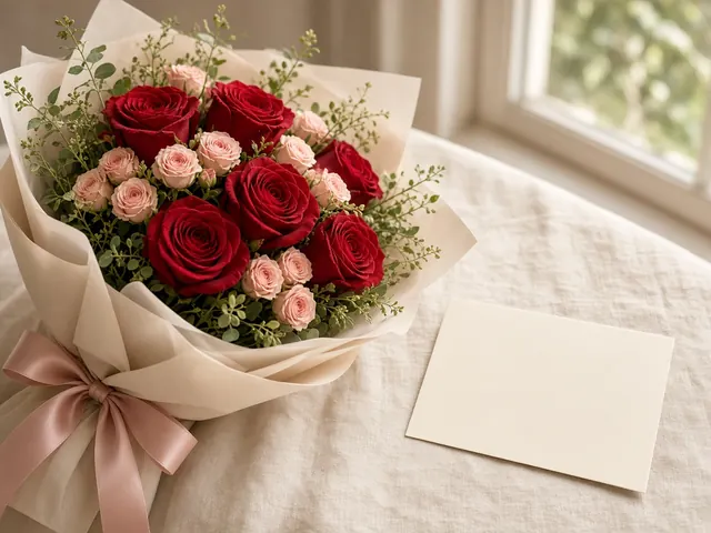 Deep red roses and blush spray roses with soft greenery wrapped in cream paper with a pink silk ribbon beside a blank card