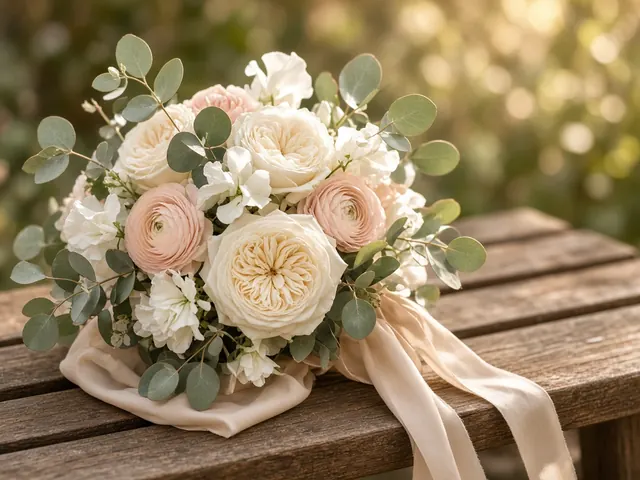An ivory and blush bridal bouquet with eucalyptus and silk ribbon resting on a wooden bench in golden light